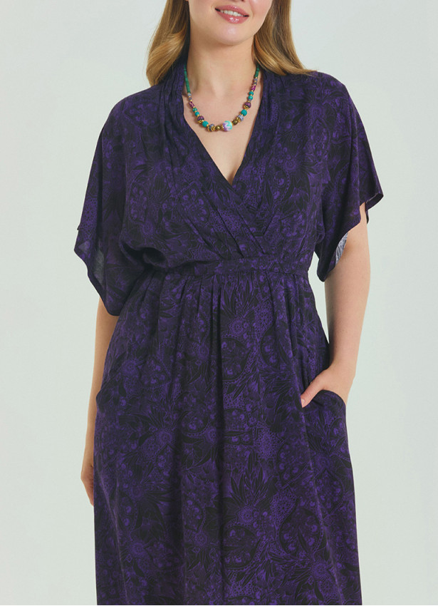 V Neck Pleated Detail Purple Summer Plus Size Dress 4605